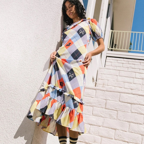 NWT Lisa Says Gah Teagan Ruffle Dress Cirque Argyle Plaid Flower Bow Size Small - Picture 4 of 7